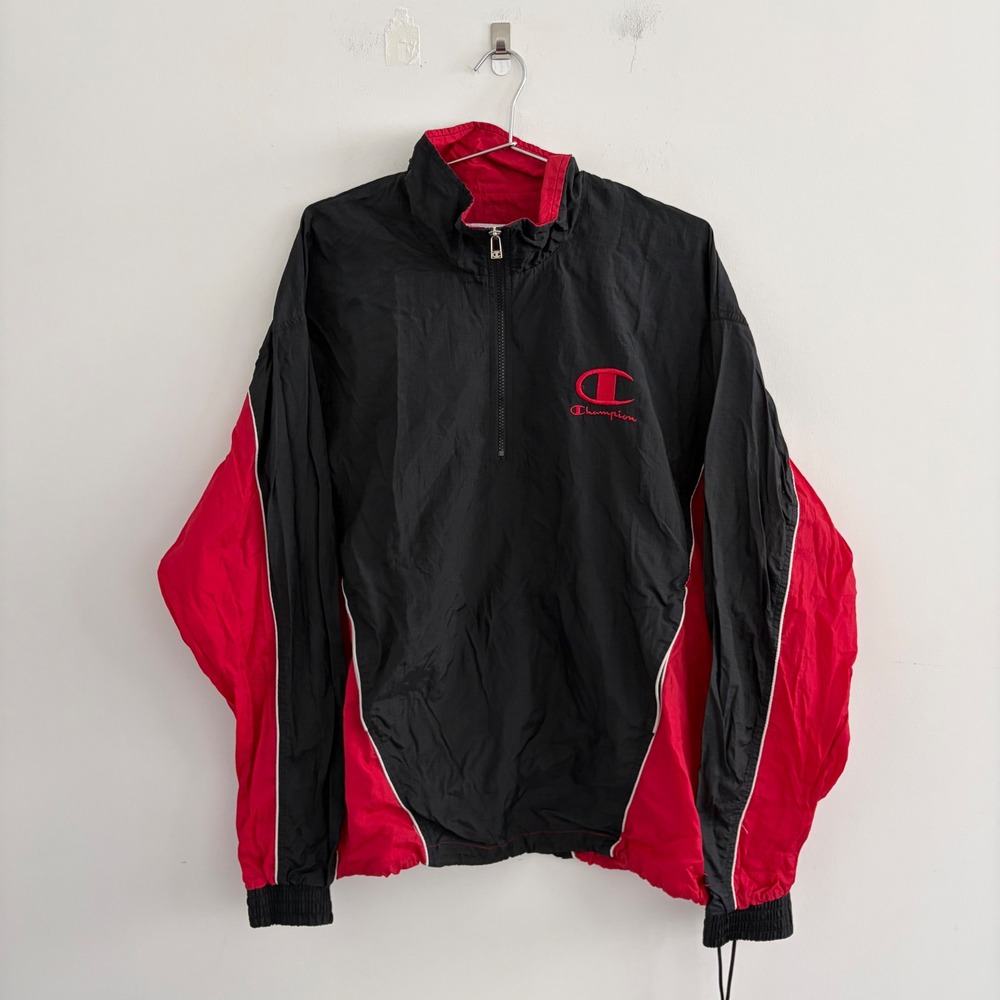 Champion Vintage 90s Windbreaker Jacket Mens XL Black Red 1/4 Zip Pullover